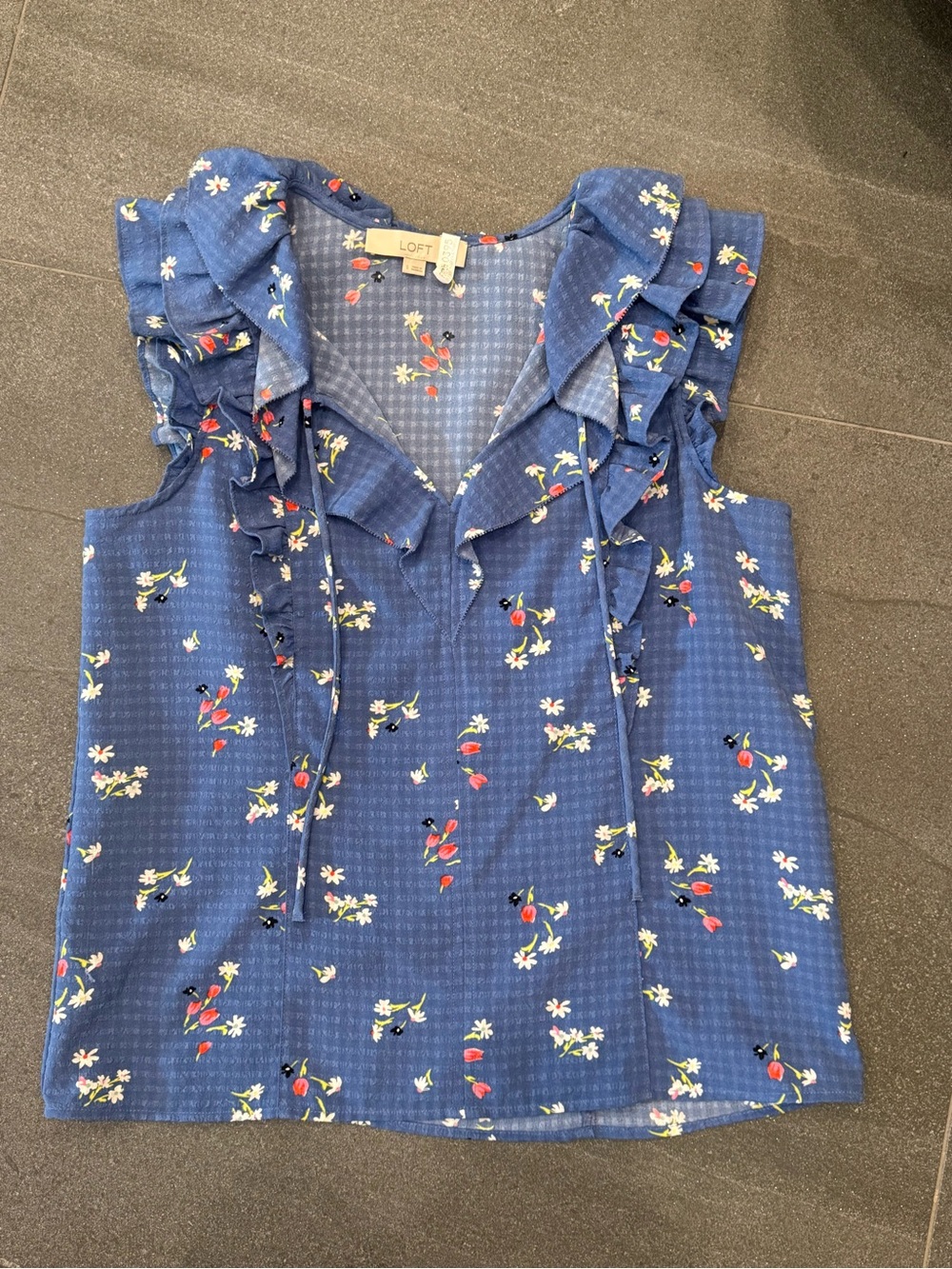 LOFT Blue Floral Ruffle V-Neck Camisole